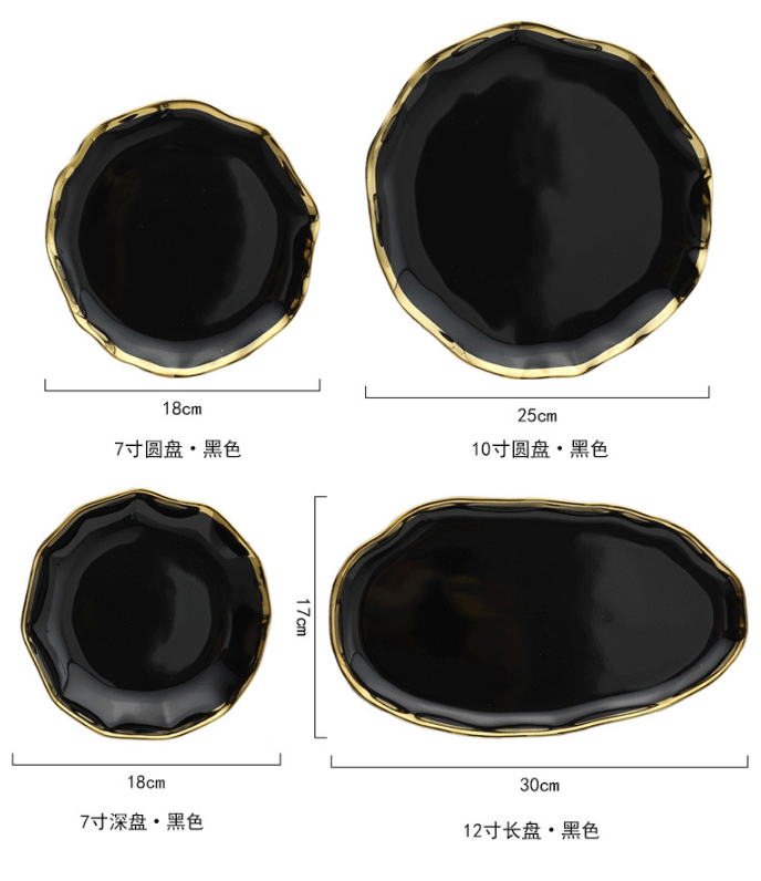 Okcidenta Restoracio -Kroko Fiksita Ceramika Nigra Blanka Porcelana Vespermanĝa Plato Kun Ora Bordo 19