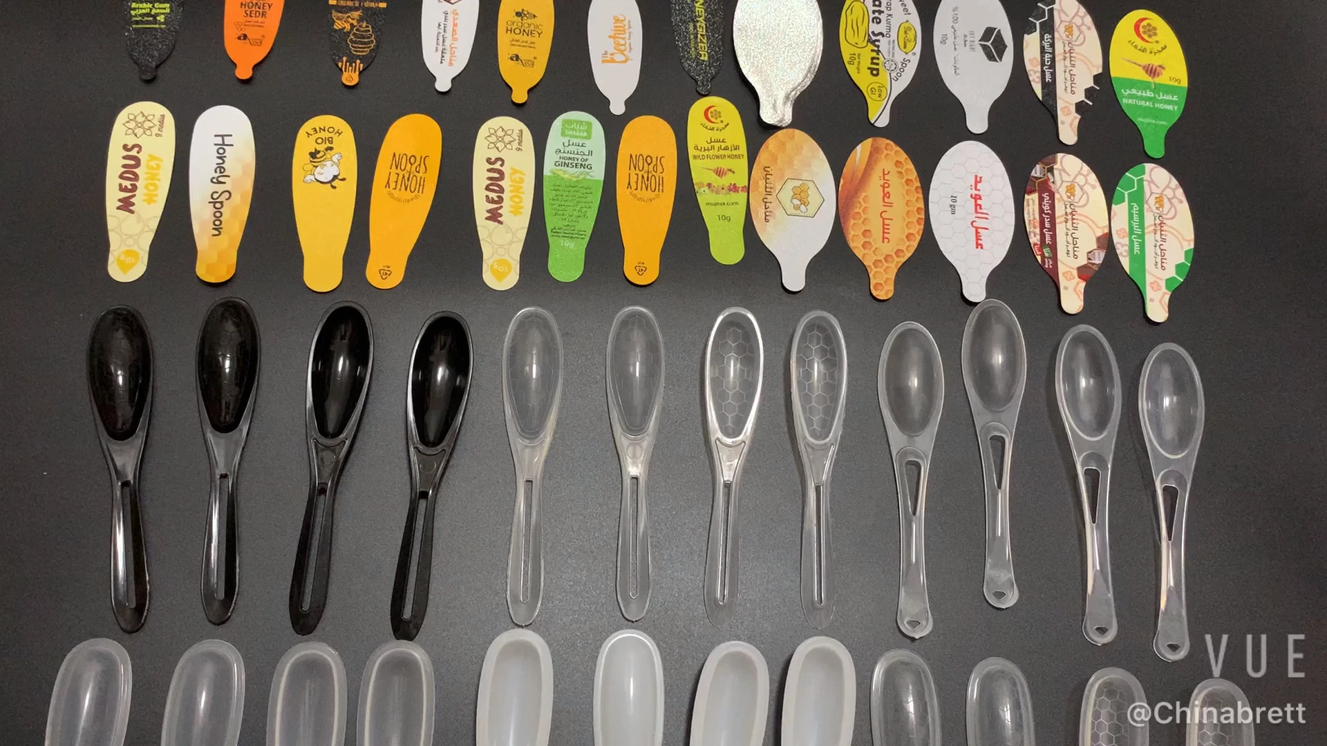 CHINABRETT - BPA free eco friendly 7g disposable plastic cup black honey spoon with foil film and wrappers Plastic honey spoon 1