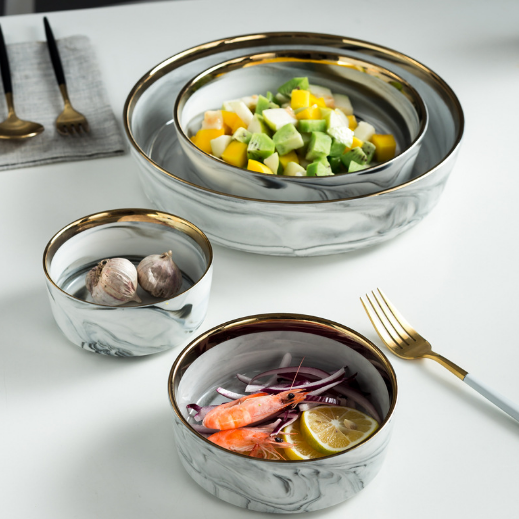 CHINABRETT - European Style Ceramic Marble Gold Rim Nordic Restaurant Plates Dinner Plate Bowl Color porcelain dinenrware 15