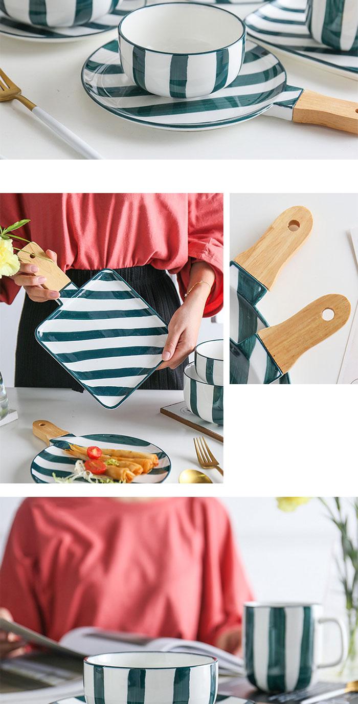 Serie de franjas verdes Nordic Pinted Hand Pinted Ceramicware Chino y Western Plate Juego de placas Color Dinenrware de porcelana 21