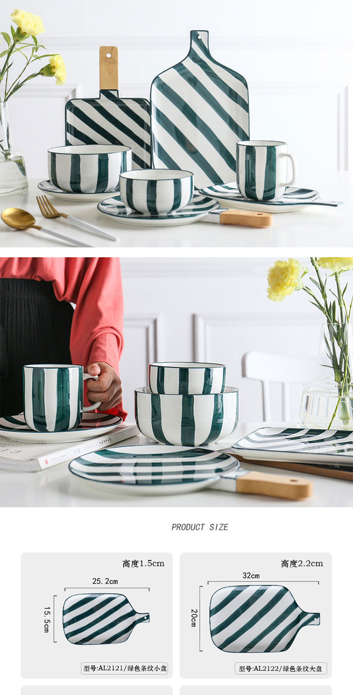 Serie de franjas verdes Nordic Pinted Hand Pinted Ceramicware Chino y Western Plate Juego de placas Color Dinenrware de porcelana 13