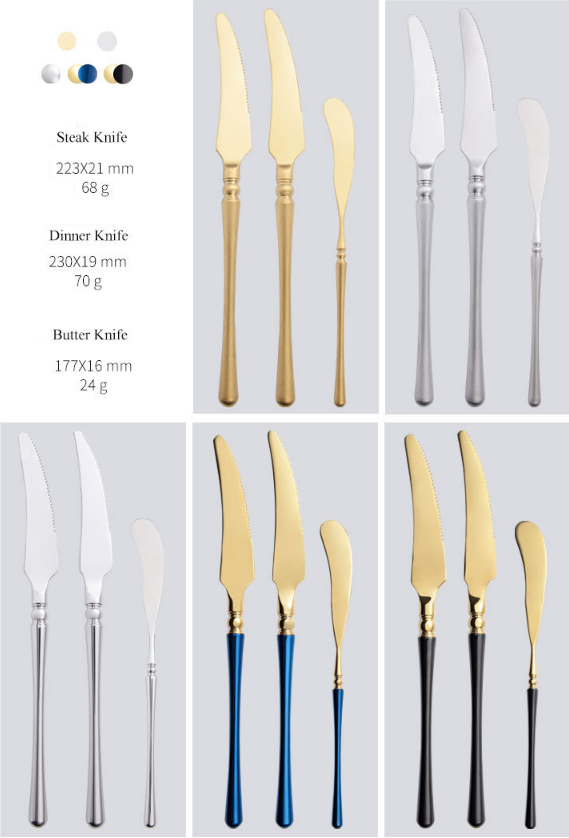 Chinabrett - Portugala stilo 304 Neoksidebla ŝtala bifsteko kaj forko neoksidebla ŝtala ora tranĉaĵo 17