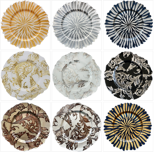 Chinabrett - nova dezajno verda tablotuko reĝa ora bordero tegita vitra ŝarĝilo sub plato vitra ŝargilo1 8