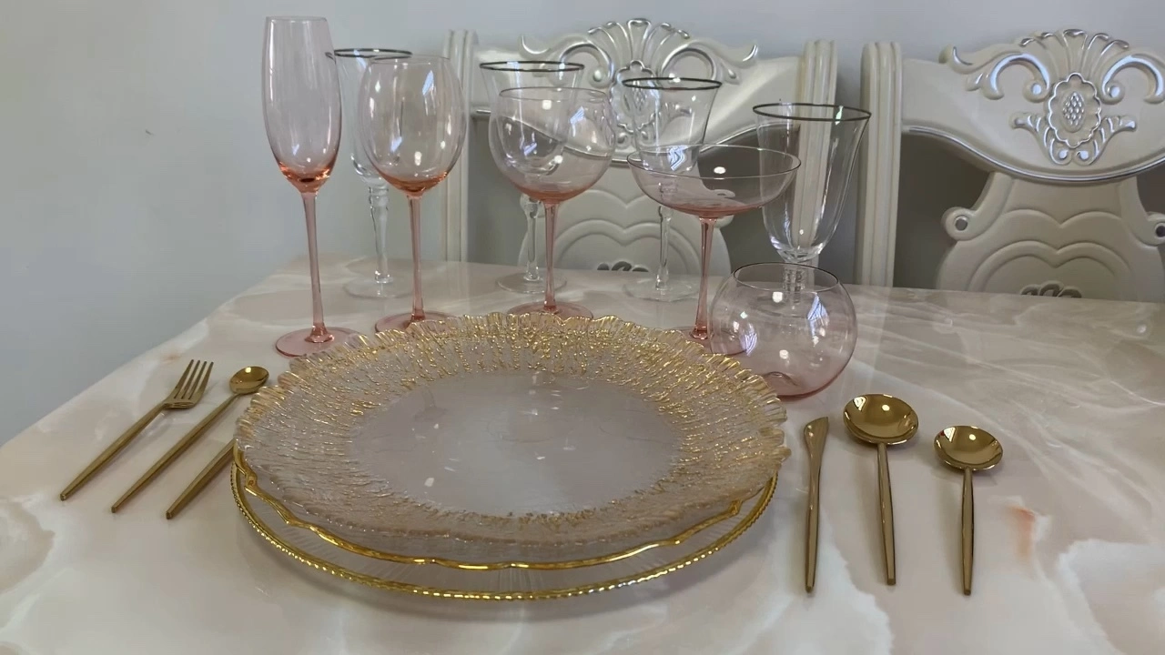 ホテル用品食器用品ガラスシルバーゴールドリム充電器プレート下のプレートサービングトレイガラス充電器プレート 1