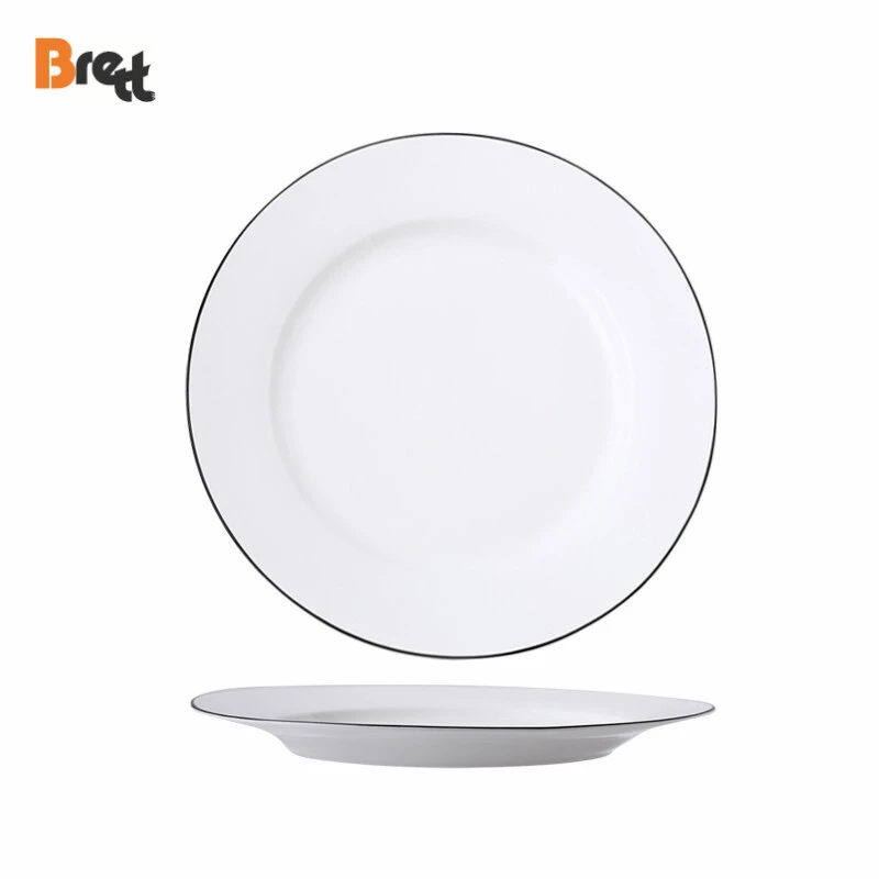 European style porcelain dinnerware set white dinner plate restaurant plate with black rim 1