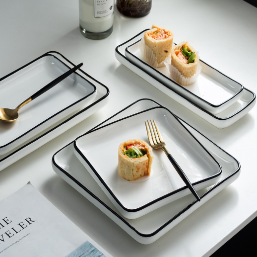 European Style Black Ceramic Dinner Plate Gold Rim 8 10 Nordic Restaurant Plates Steak Plate1 10