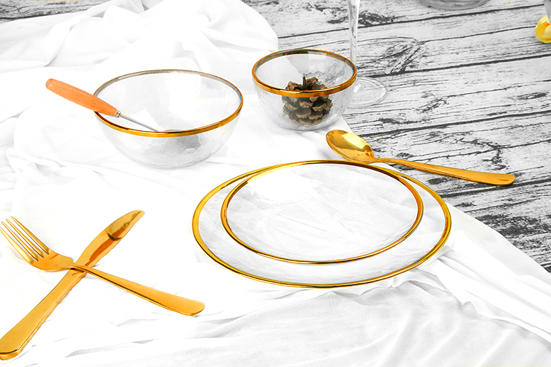 Klara Vitra Ŝargilo Platoj Pogranda Ora Arĝenta Rimmed Servanta Platoj Bovlo Aro Por Geedziĝa Vitra Ŝargilo 11