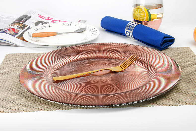 Chinabrett - Tabla Merkato en Guangzhou Rose Gold Plated Glass Charger Plates Geedziĝa Vitra Ŝargilo -Plato 14