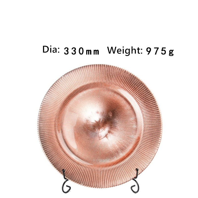 Chinabrett - Tabla Merkato en Guangzhou Rose Gold Plated Glass Charger Plates Geedziĝa Vitra Ŝargilo -Plato 10