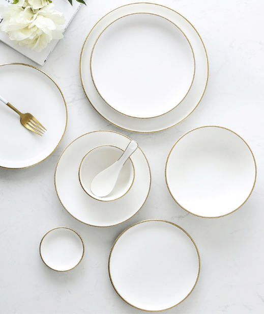 CHINABRETT - क्रिएटिव पेंटेड गोल्ड व्हाइट पोर्सिलेन डिश सिरेमिक वेस्टर्न डिश स्टेक डिश गोल्ड रिम पोर्सिलेन डिनरवेयर 11