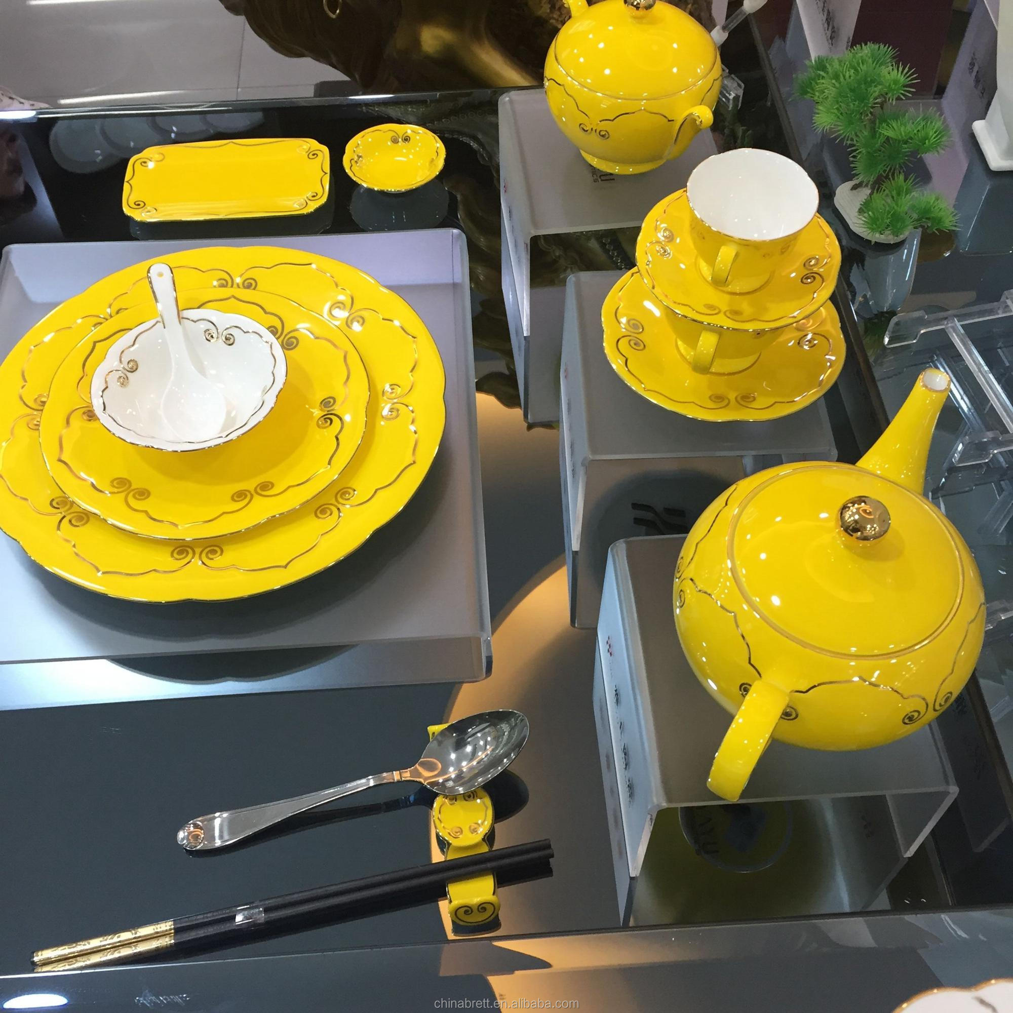 Pláta maisiúcháin buí ór Socraigh dinnéar ard cnámh poircealláin 15