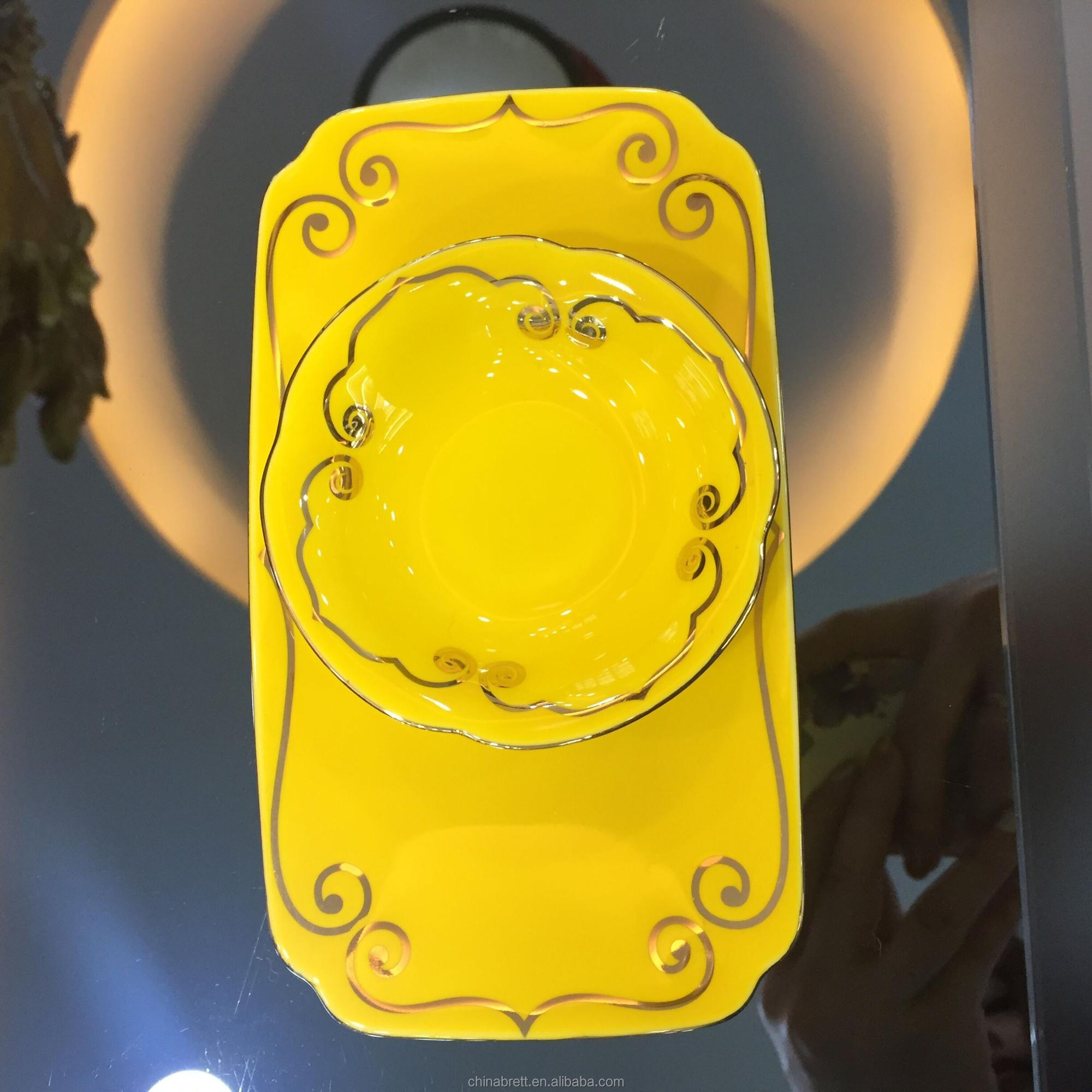 Pláta maisiúcháin buí ór Socraigh dinnéar ard cnámh poircealláin 13