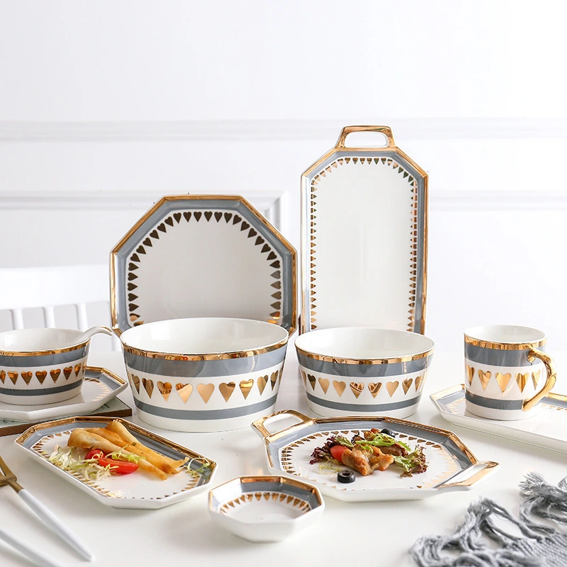 China Brett - Złoty obręcz ośmioboczny porcelanowy zastawa stołowa Zestaw naczyń stołowych Płyty Płyty kolorowe porcelanowe zastawa stołowa 1