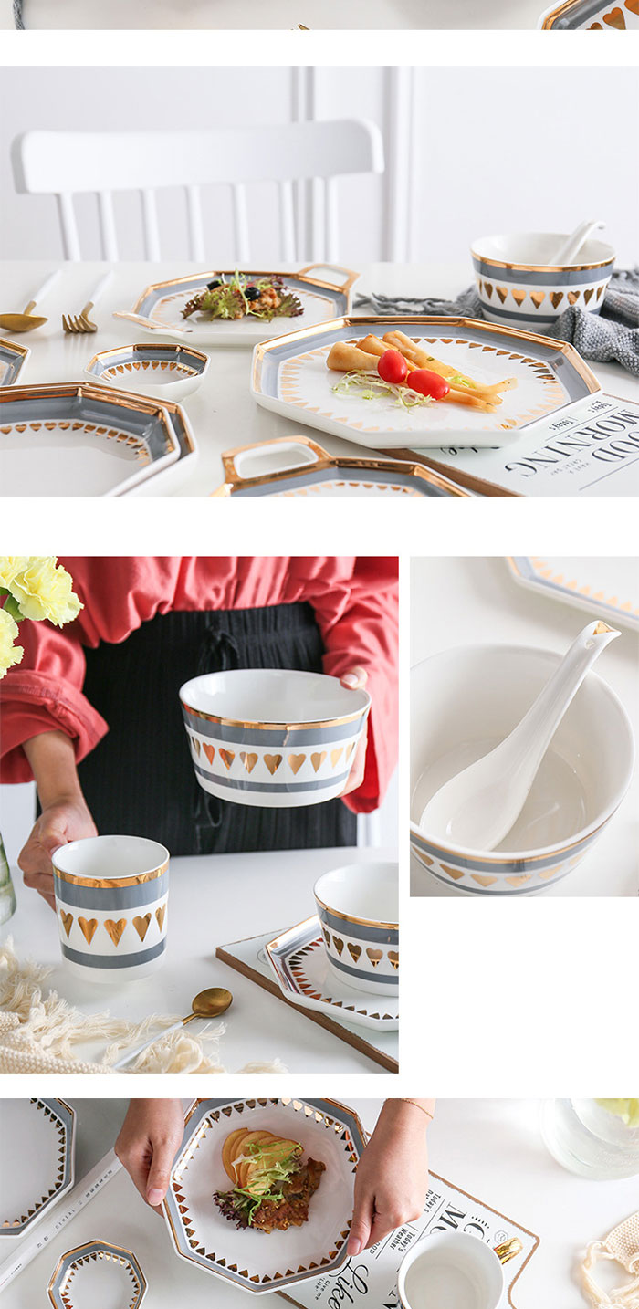 CHINABRETT -  gold rim octagonal porcelain tableware set dinnerware dishes plates Color porcelain dinenrware 21
