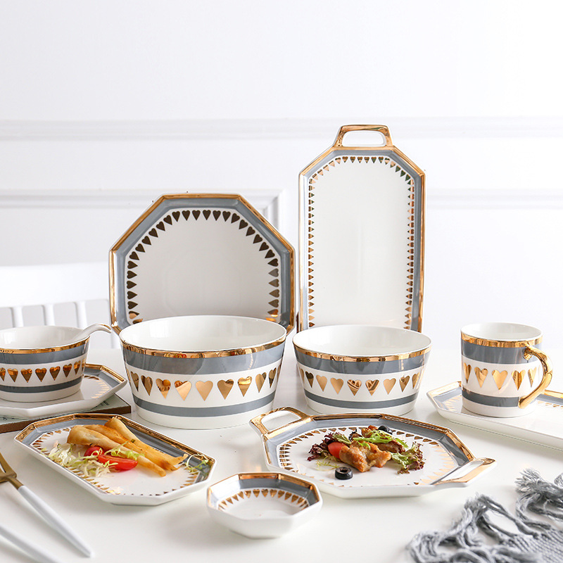 CHINABRETT -  gold rim octagonal porcelain tableware set dinnerware dishes plates Color porcelain dinenrware 11