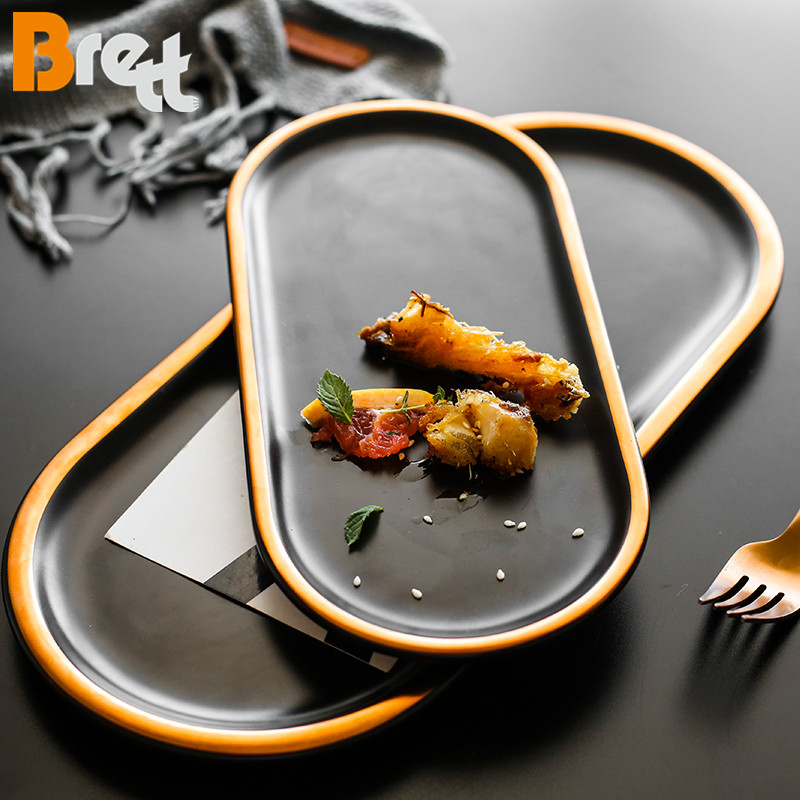China Brett - Ceramiczny czarny prostokątny talerz obiadowy Talerz restauracyjny z Złotym Kolorem Porcelanowym zastawy stołowe 10