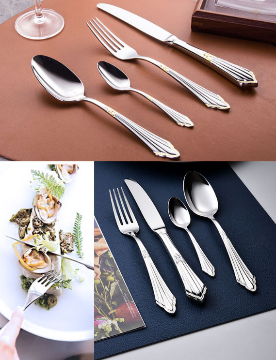 Chinabrett - reliéfní palácový styl steak nůž, vidlička a lžíce 3 kusů z nerezové oceli zlaté příbory 13