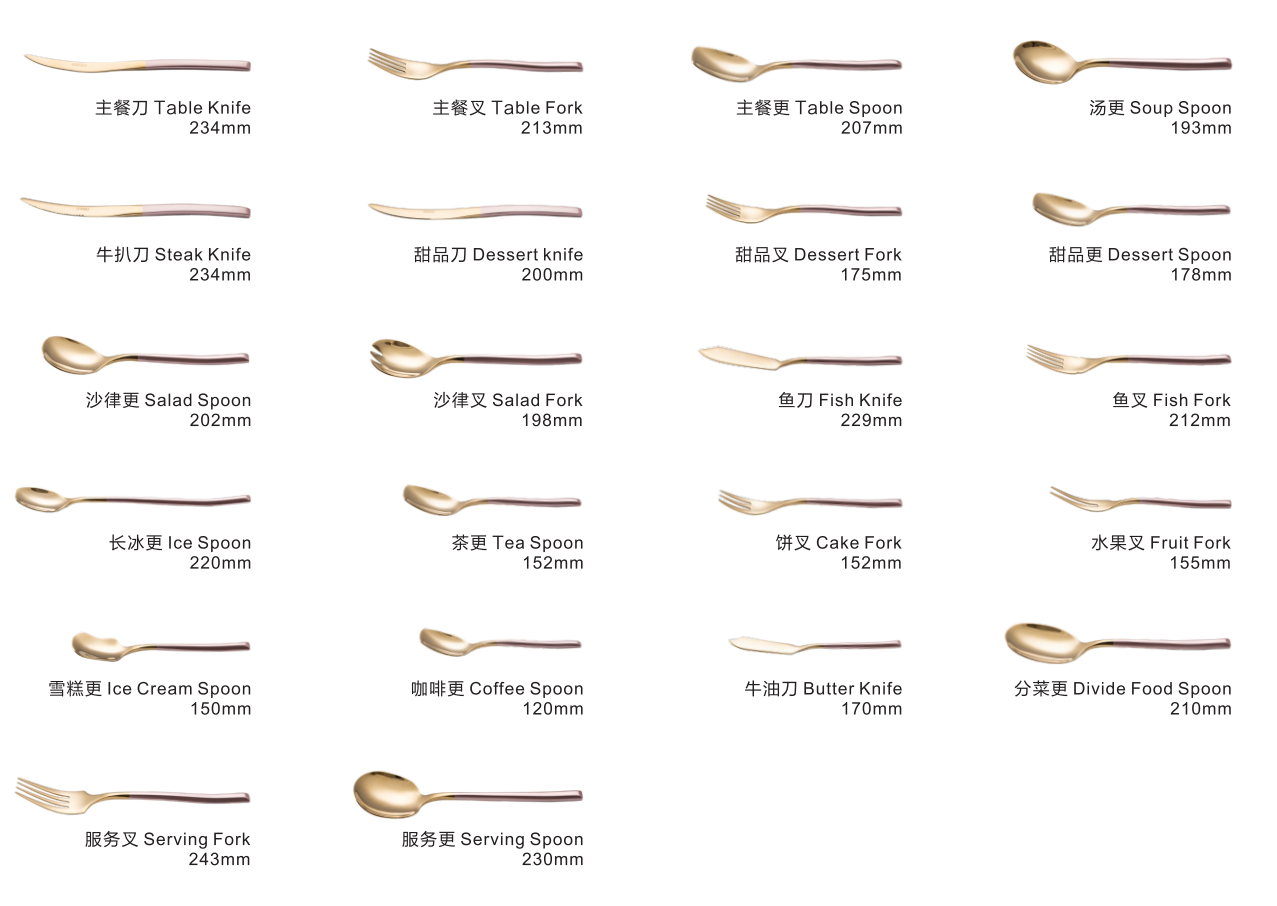 Svatební příbory Růžové zlaté příbory s růžovou rukojetí pro události 13