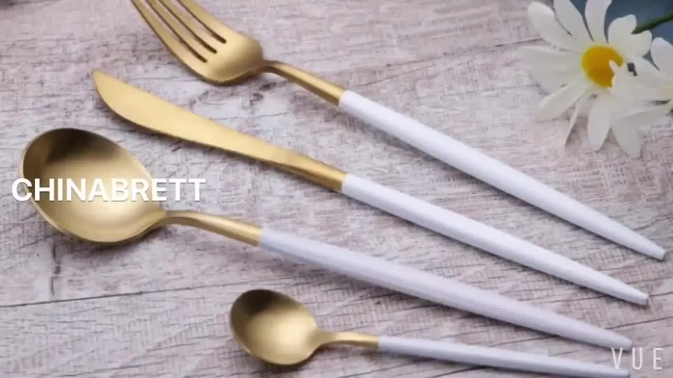 Svatební příborový příborový večeře Fork Knife Lžíce Zlatá stříbrná příbory s bílou rukojetí1 1