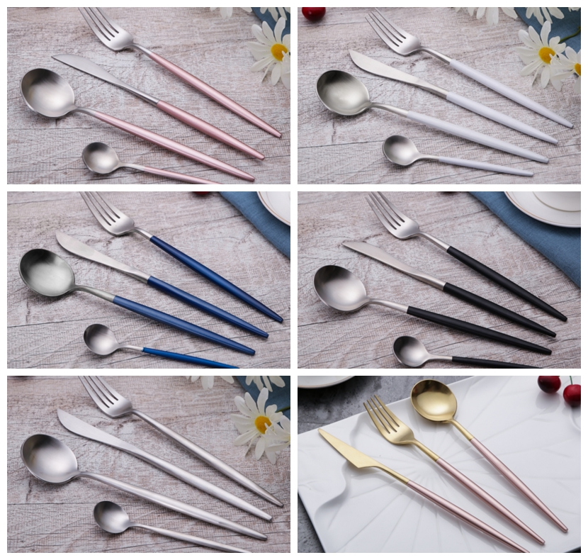 Geedziĝo platware vespermanĝa forko tranĉilo kulero oraj arĝentaj tukoj kun blanka tenilo1 7