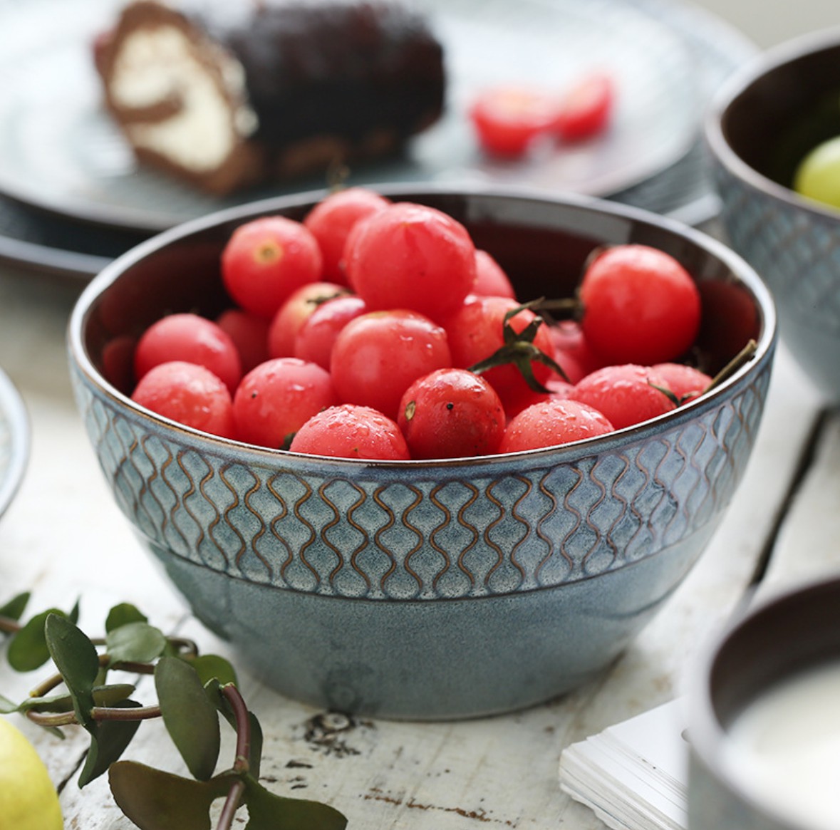 European Style Relief Ceramic Disc Fruit Salad Plate Soup Bowl Western Restaurant Stoneware Set 14