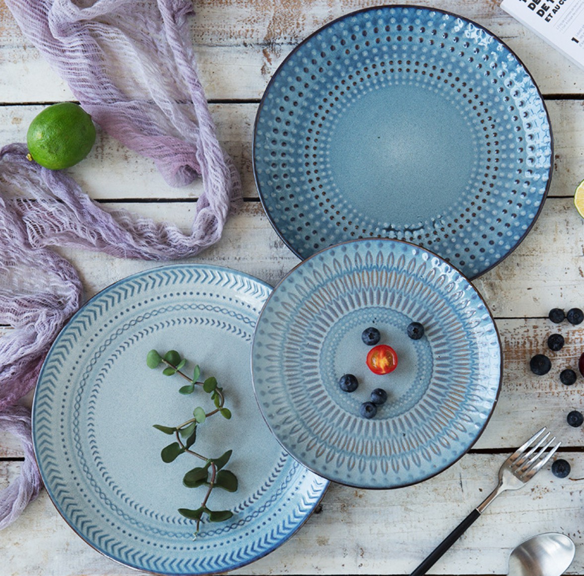 European Style Relief Ceramic Disc Fruit Salad Plate Soup Bowl Western Restaurant Stoneware Set 13