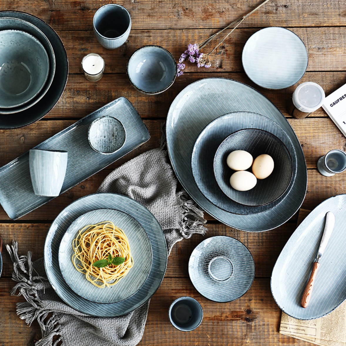 Rustic Creative Stripes Tableware Personality Color Glazed Ceramic Dinner Plates Hotel Restaurant Cafe Crockery Set 8