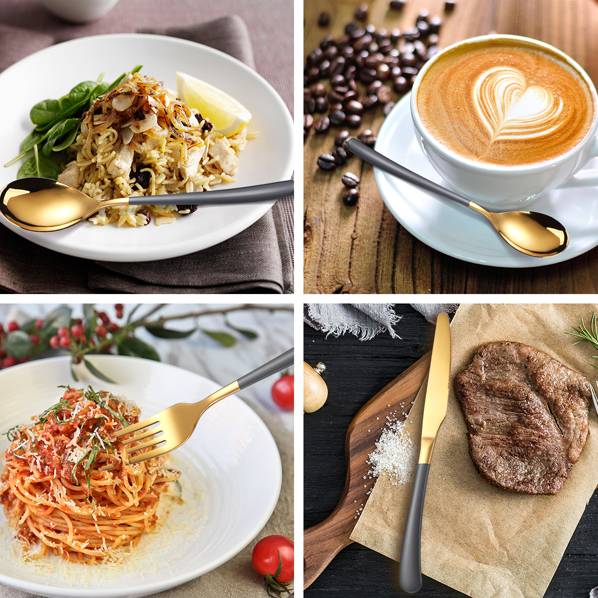 TABLA RACKA LUNULO 66 Neoksidebla ŝtala tranĉilo forko kulero ora tegita spray farbo 24 pecoj fiksita tablo tranĉilo forko spoo 3