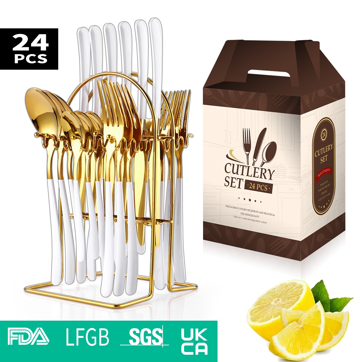 TABLA RACKA LUNULO 66 Neoksidebla ŝtala tranĉilo forko kulero ora tegita spray farbo 24 pecoj fiksita tablo tranĉilo forko spoo 2