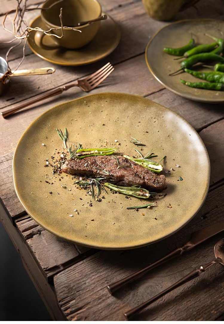 San -ŝtona ceramika vespermanĝa telero, nordia rustika makula plato 4