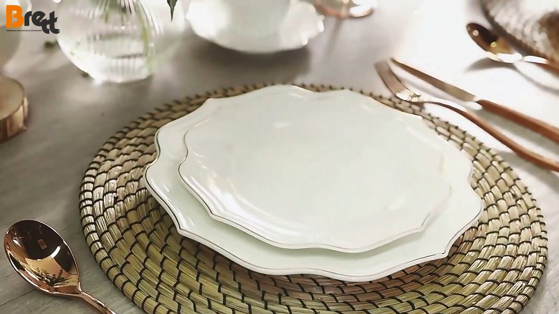 Ceramikaj tabloj kun ora bordo, Vajilla Propra Logo -Porcelano, Blanka Ceramika Geedziĝa Ora Rim -Plato 1