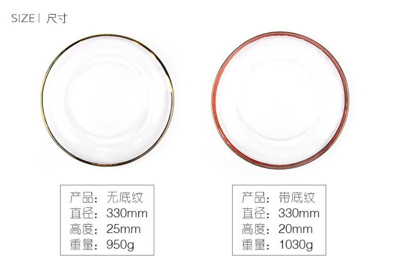 Brett -fabrikantoj pogranda travidebla ora arĝenta roza ora vitra ŝarĝilo krea vitra disko eŭropa stilo 2