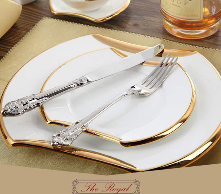 Luksa reĝa arĝenta ora tegita restoracio tranĉaĵoj 18/8 alta gamo neoksidebla ŝtala metala platware aroj por geedziĝo 7