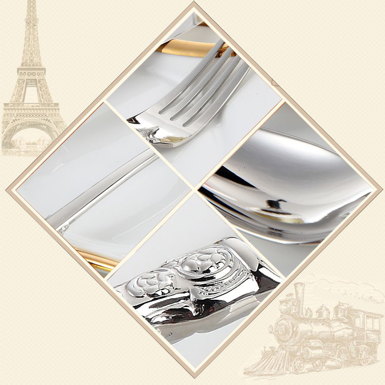 Luksa reĝa arĝenta ora tegita restoracio tranĉaĵoj 18/8 alta gamo neoksidebla ŝtala metala platware aroj por geedziĝo 3