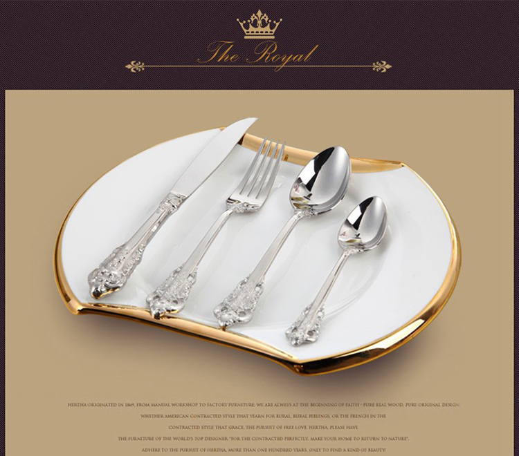 Luksa reĝa arĝenta ora tegita restoracio tranĉaĵoj 18/8 alta gamo neoksidebla ŝtala metala platware aroj por geedziĝo 10