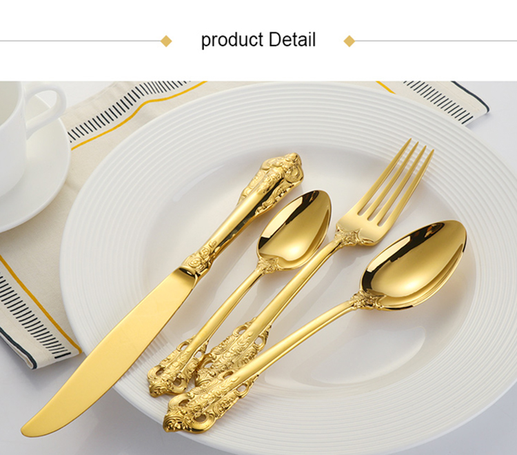Luksa reĝa arĝenta ora tegita restoracio tranĉaĵoj 18/8 alta gamo neoksidebla ŝtala metala platware aroj por geedziĝo 11