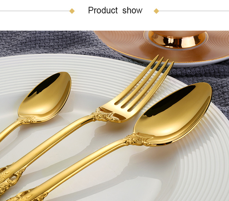 Luksa reĝa arĝenta ora tegita restoracio tranĉaĵoj 18/8 alta gamo neoksidebla ŝtala metala platware aroj por geedziĝo 12