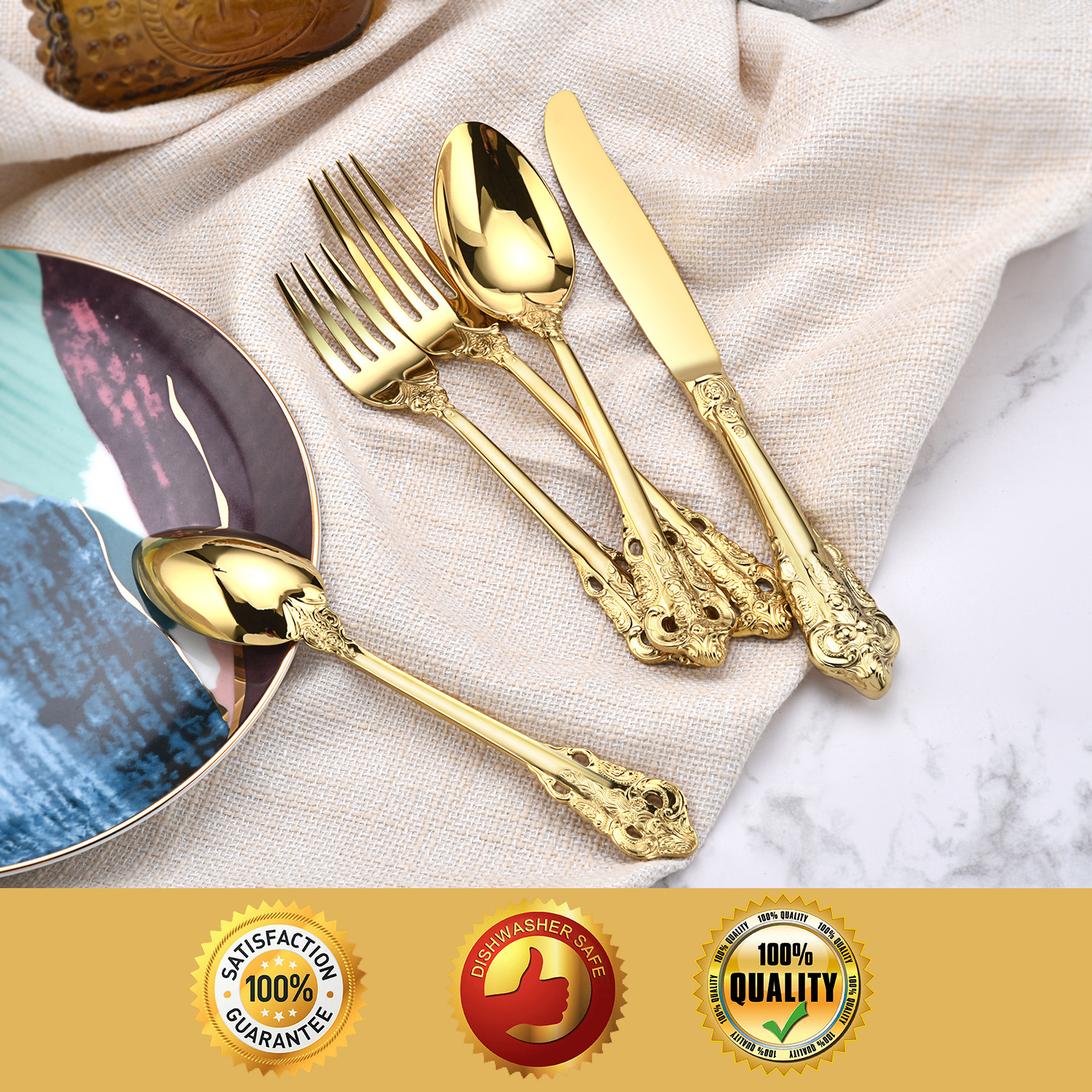 Luksa reĝa arĝenta ora tegita restoracio tranĉaĵoj 18/8 alta gamo neoksidebla ŝtala metala platware aroj por geedziĝo 4