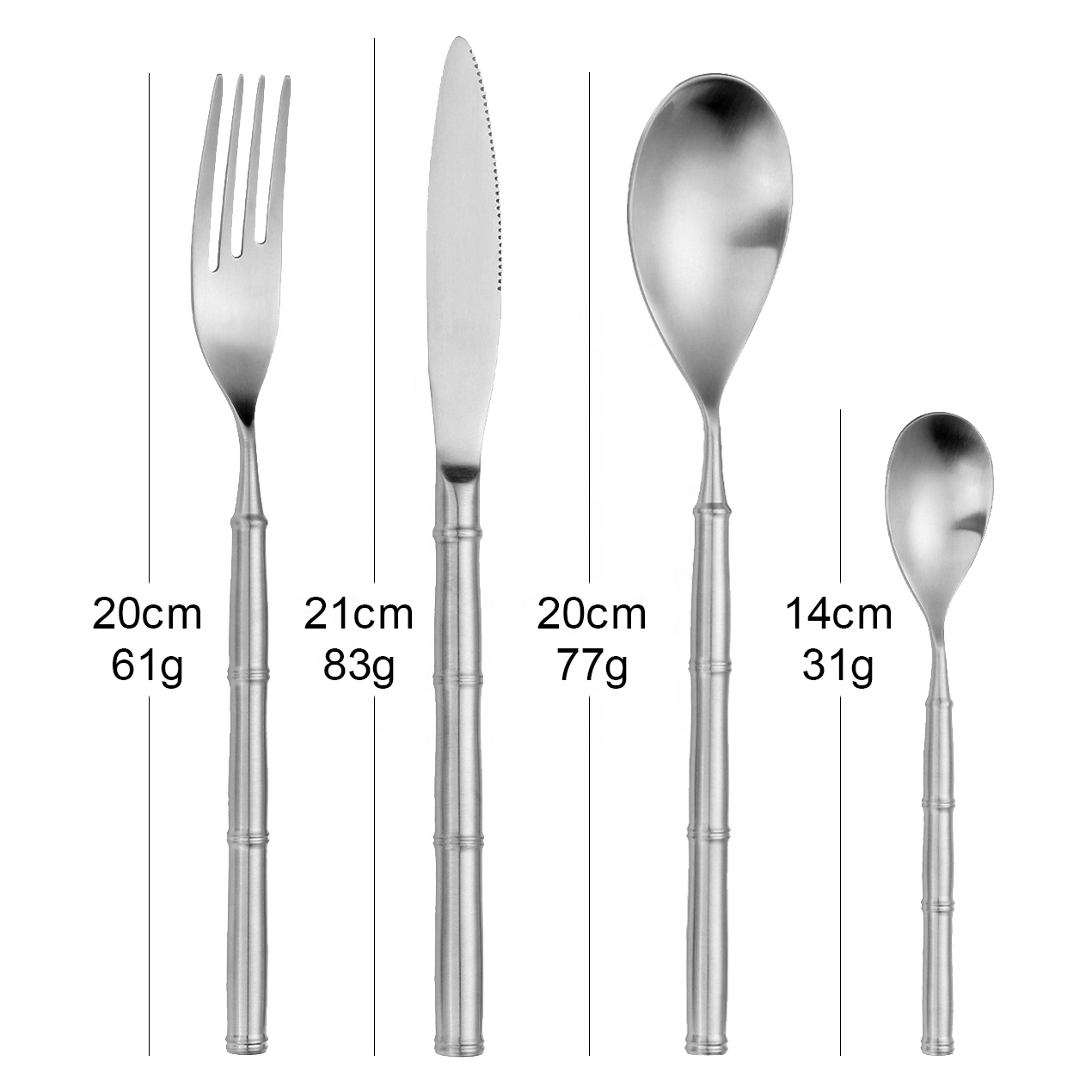 Nova Dezajno Unika bambua formo neoksidebla ŝtala tranĉilo Aro 304 Spoons Forks tranĉiloj tranĉiloj kun bambua tenilo 1