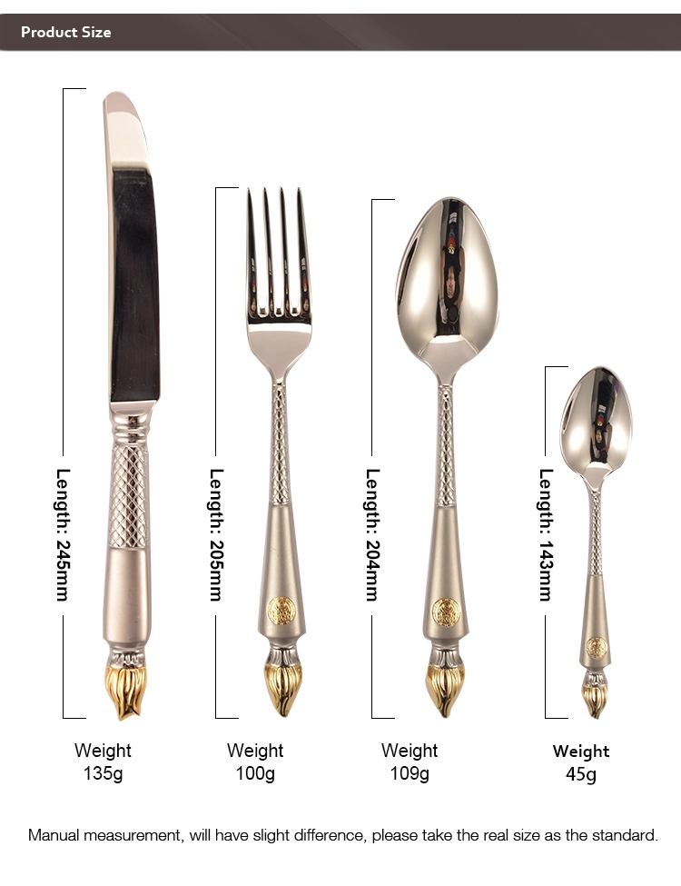 Luksa tablotablo 24k ora tegita hotelo neoksidebla ŝtalo platware 24 pcs cutlery aro por geedziĝo kun donackesto 4