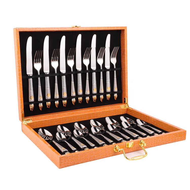 Luksa tablotablo 24k ora tegita hotelo neoksidebla ŝtalo platware 24 pcs cutlery aro por geedziĝo kun donackesto 1