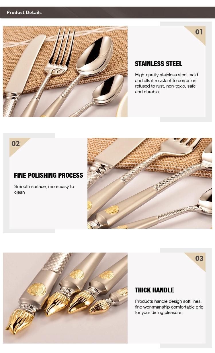 Luksa tablotablo 24k ora tegita hotelo neoksidebla ŝtalo platware 24 pcs cutlery aro por geedziĝo kun donackesto 5