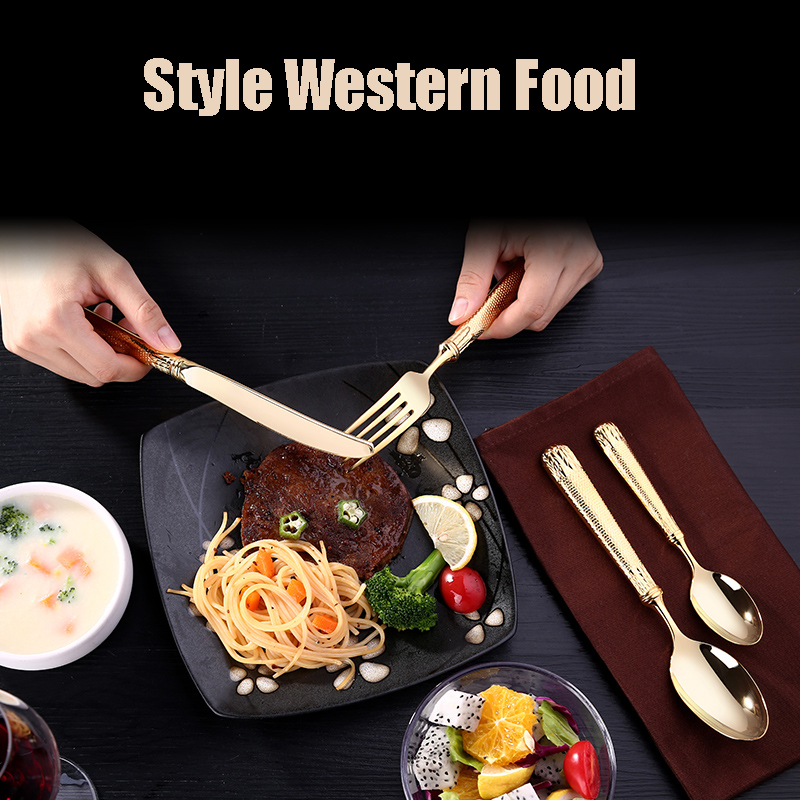 Pogranda luksa neoksidebla ŝtala ora tegita geedziĝa vespermanĝa tranĉilo inkluzive de tranĉilforko 6