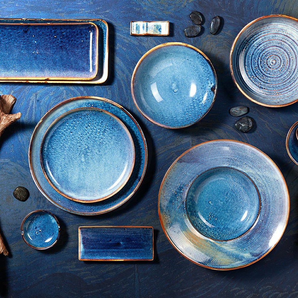 OEM ODM Akceptita Alta Temperaturo Bluaj Koloraj Ĉinaj Restoraciaj Platoj Ceramikaj Plenaj Grandecoj 5