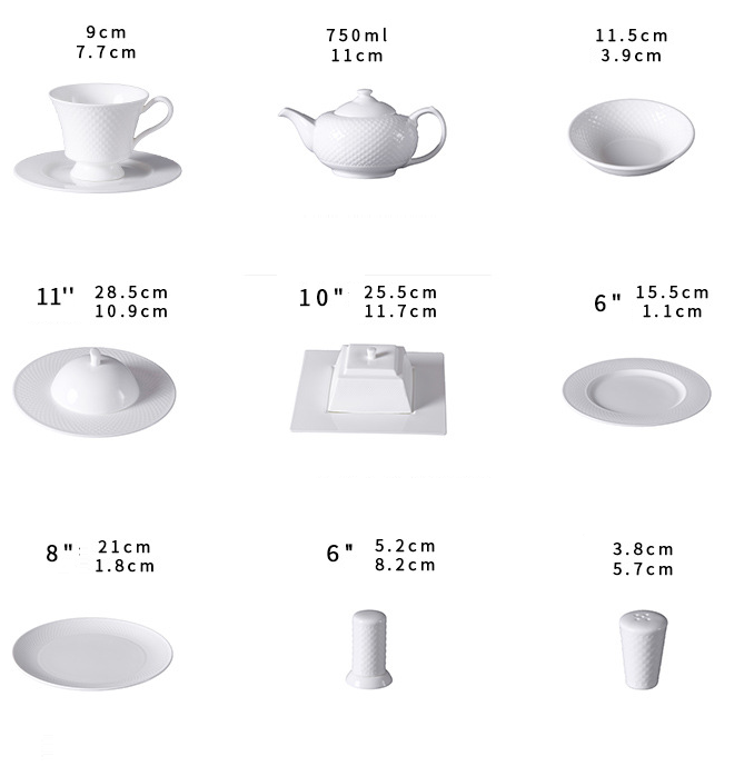 Golfa Dezajno Porcelana Vespermanĝo Fiksita Spaghetti Salata Bovlo Restoracio Kroko Fiksita Pura Blanka Kafo -Pokalo kaj Saŭco 5