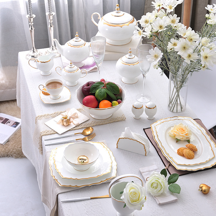 New bone china square dinner plate with gold rim coffee cup salad bowl custom 3