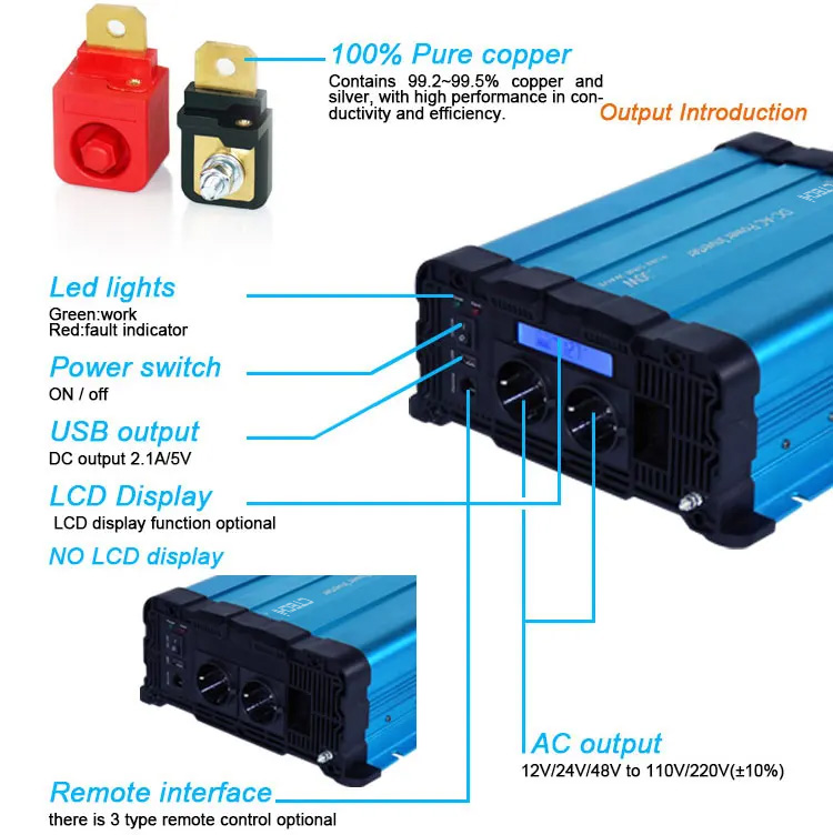 LCD Display 2000W 600W 800W 1000W 1500W 2500W 3000W 12V 24V 48V Dc To Ac100V 110V 120V 220V 230V 240V Off Grid Pure Sine Wave Power Inverter With Remote Control 4