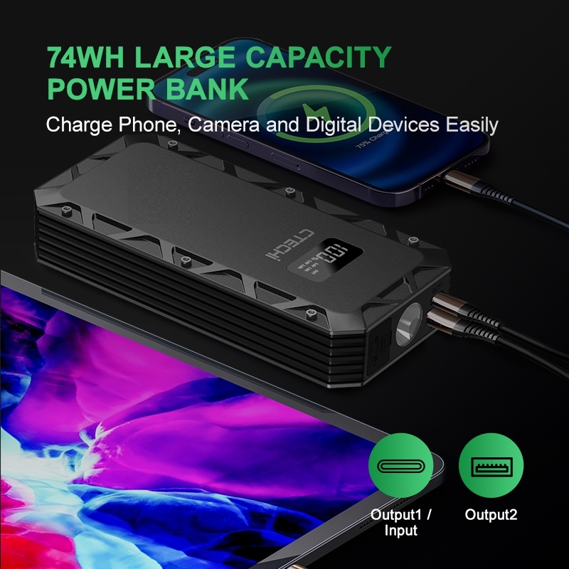 CTECHI CT-07 Compact 12V Car Emergency Jump Starter — 10000 mAh Power Bank with Fast-Charging & Integrated Flashlight 4