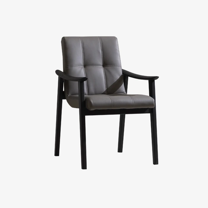 Minimalist Luxury Grey Leather Upholstered Dining Armchair with Wood Legs 1