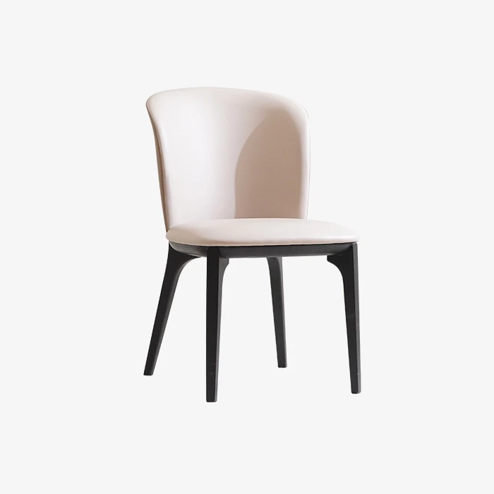 Silla de comedor moderna tapizada en cuero con respaldo macizo y patas de madera 1